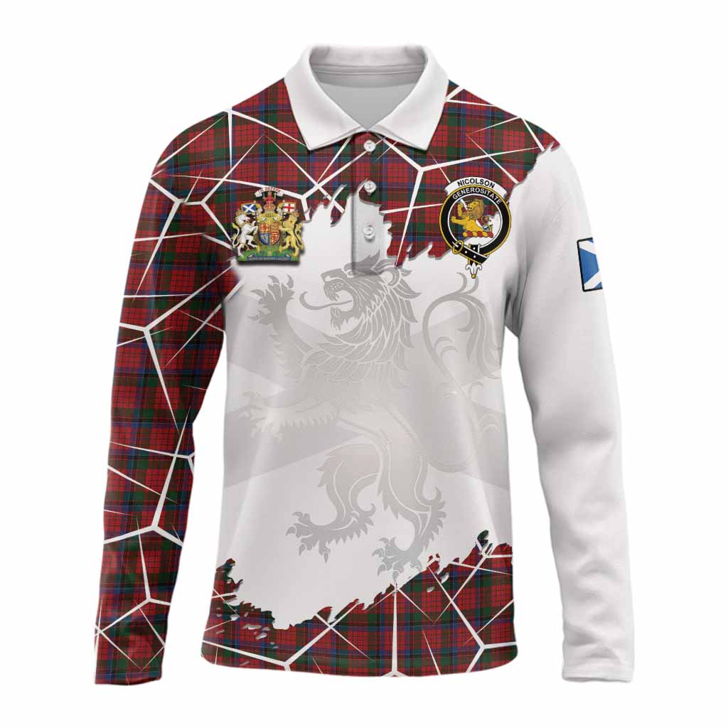 Nicolson Tartan Long Sleeve Polo Shirt with Family Crest and Lion Rampant Grunge Style