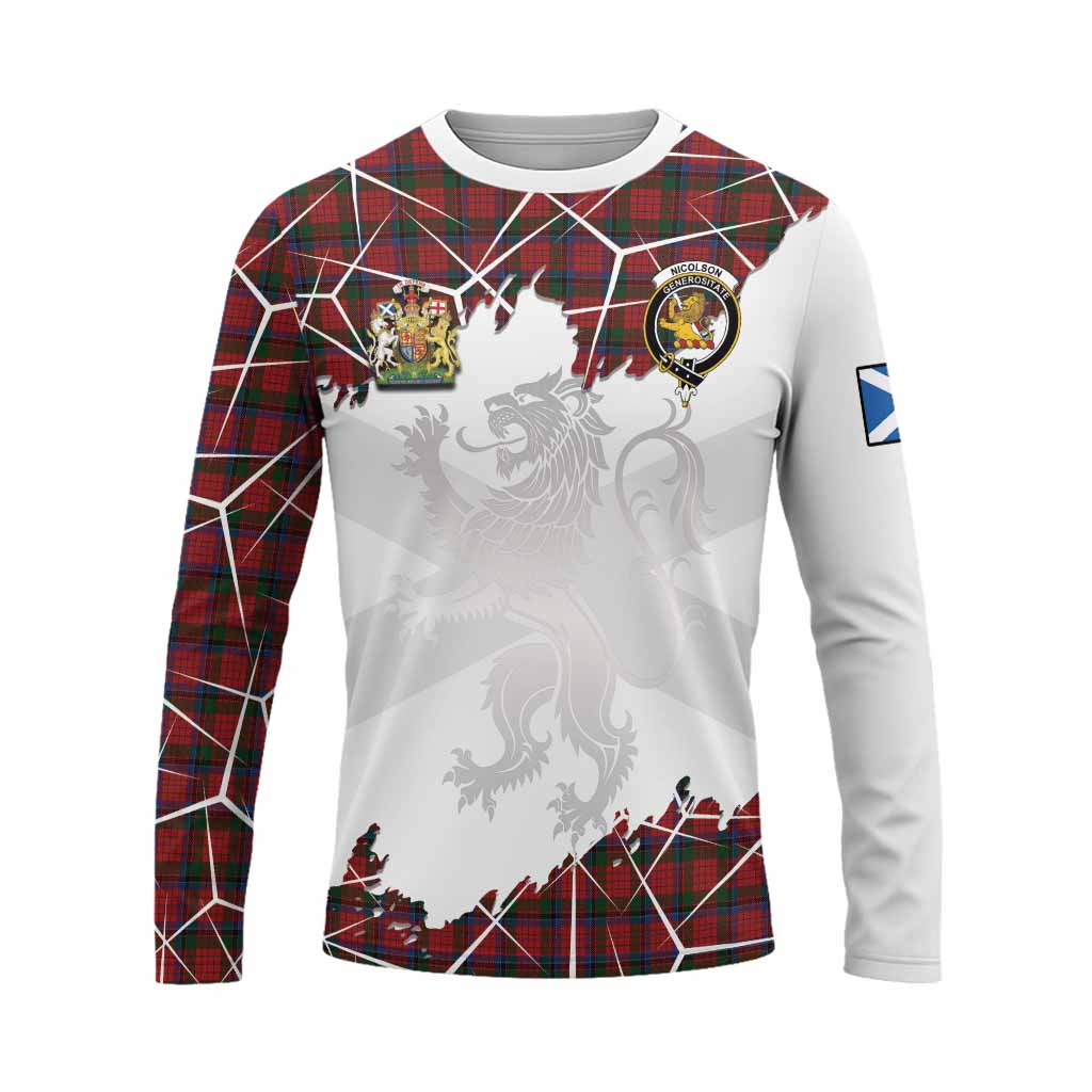 Nicolson Tartan Long Sleeve T-Shirt with Family Crest and Lion Rampant Grunge Style