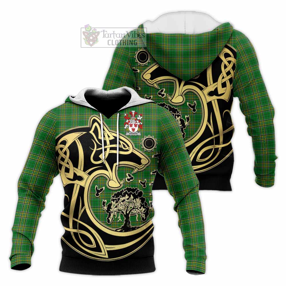 Noonan Irish Tartan Knitted Hoodie with Coat of Arms Celtic Wolf Style Unisex - Tartan Vibes Clothing