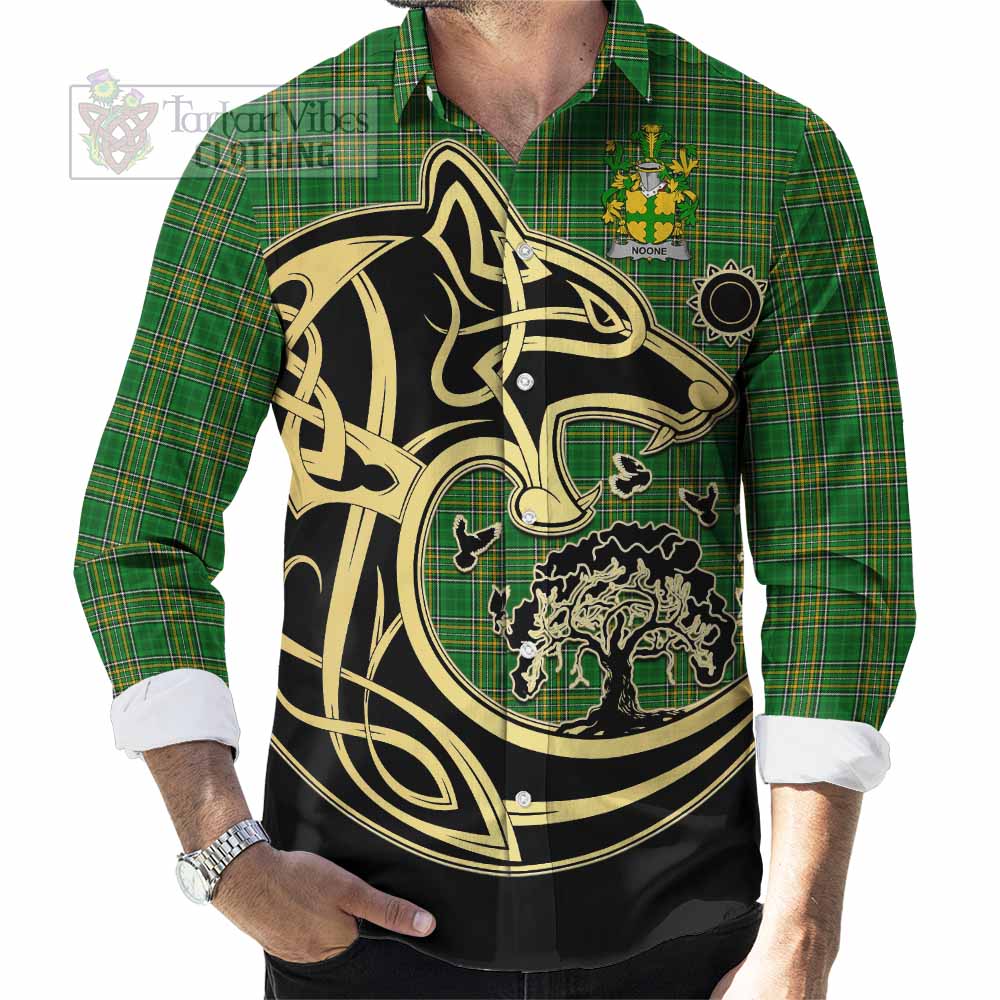 Noone Irish Tartan Long Sleeve Button Shirt with Coat of Arms Celtic Wolf Style - Tartan Vibes Clothing