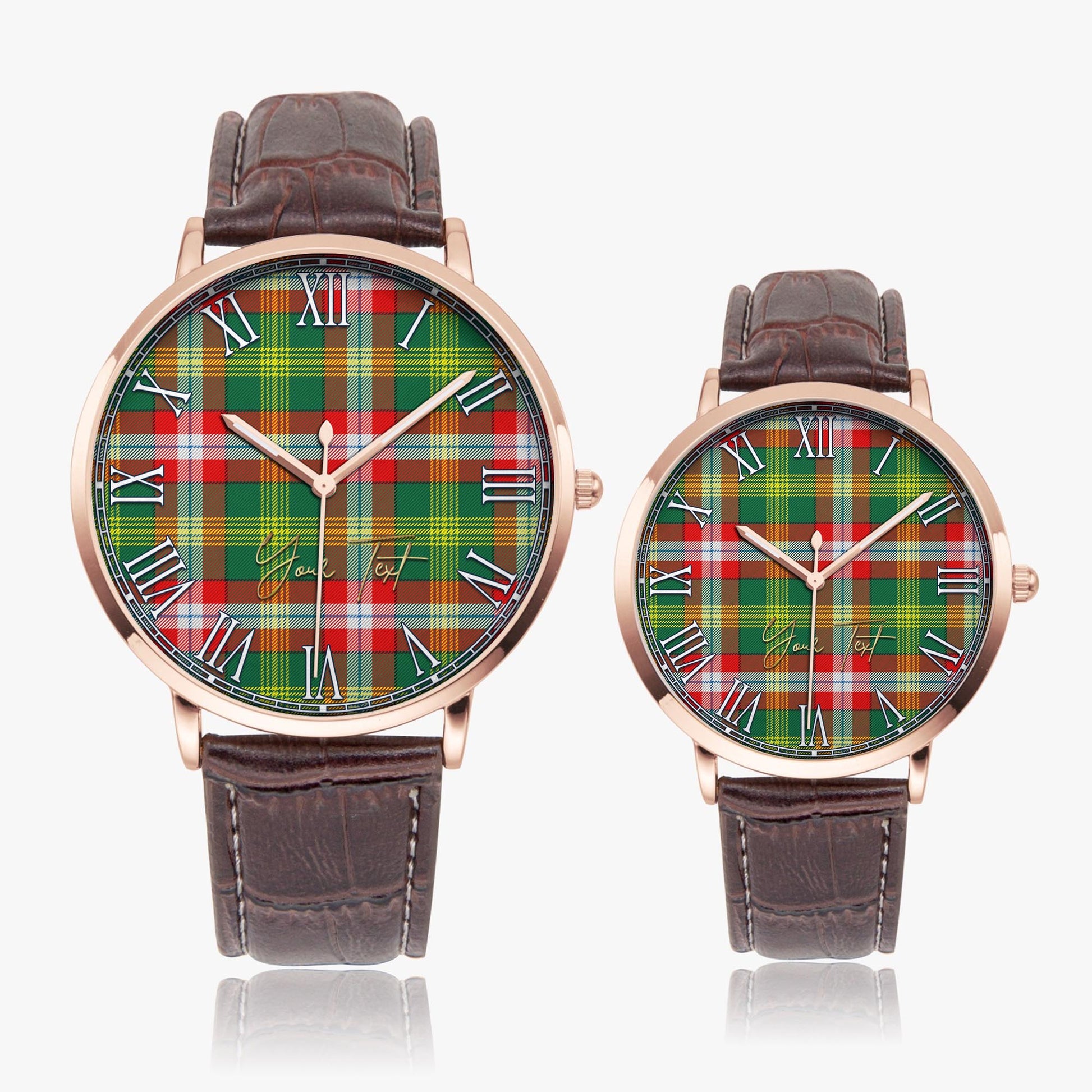 Northwest Territories Canada Tartan Personalized Your Text Leather Trap Quartz Watch Ultra Thin Rose Gold Case With Brown Leather Strap - Tartanvibesclothing