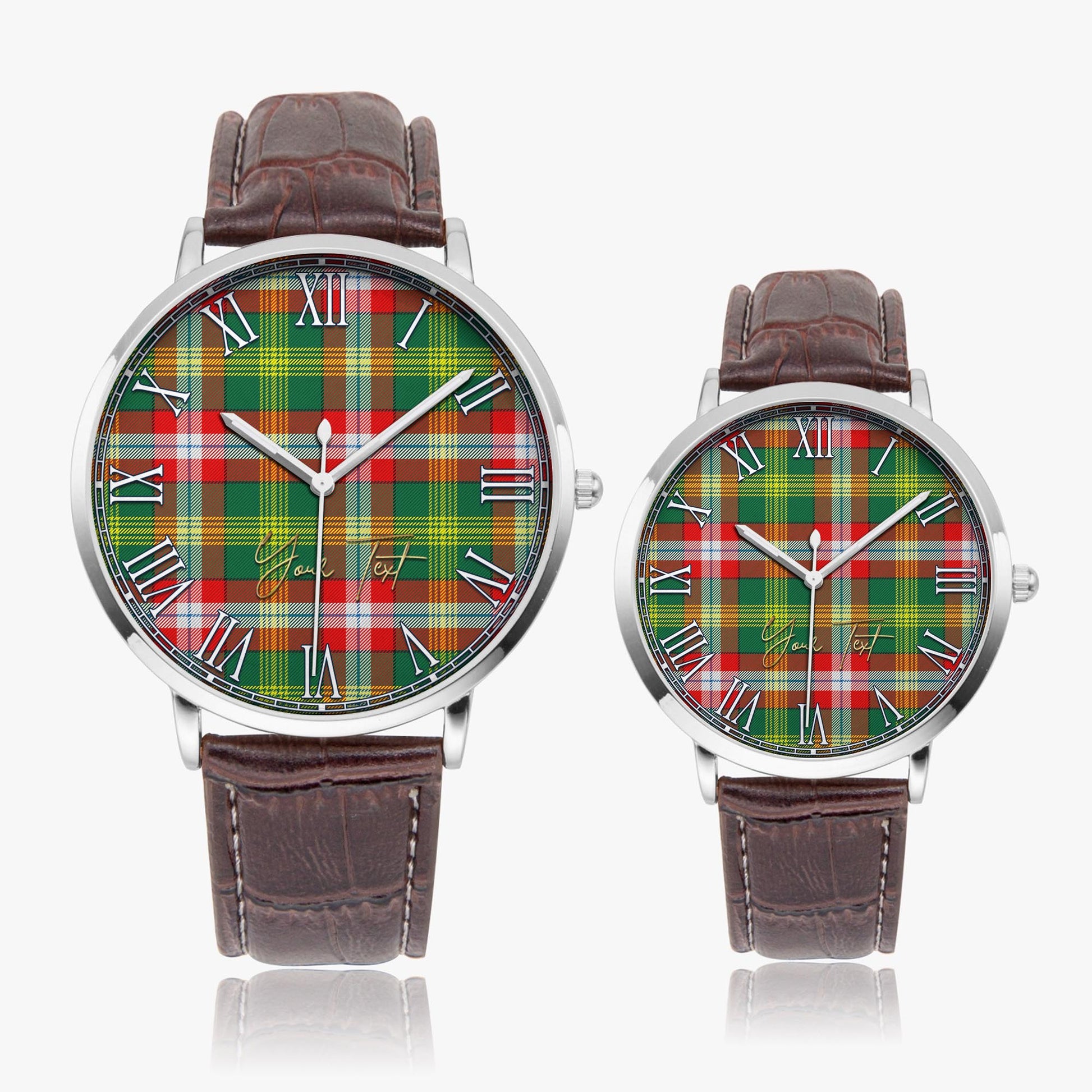 Northwest Territories Canada Tartan Personalized Your Text Leather Trap Quartz Watch Ultra Thin Silver Case With Brown Leather Strap - Tartanvibesclothing