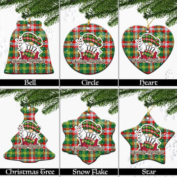 Northwest Territories Canada Tartan Christmas Ceramic Ornaments with Scottish Gnome Playing Bagpipes