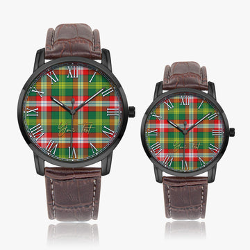 Northwest Territories Canada Tartan Personalized Your Text Leather Trap Quartz Watch Wide Type Black Case With Brown Leather Strap - Tartanvibesclothing