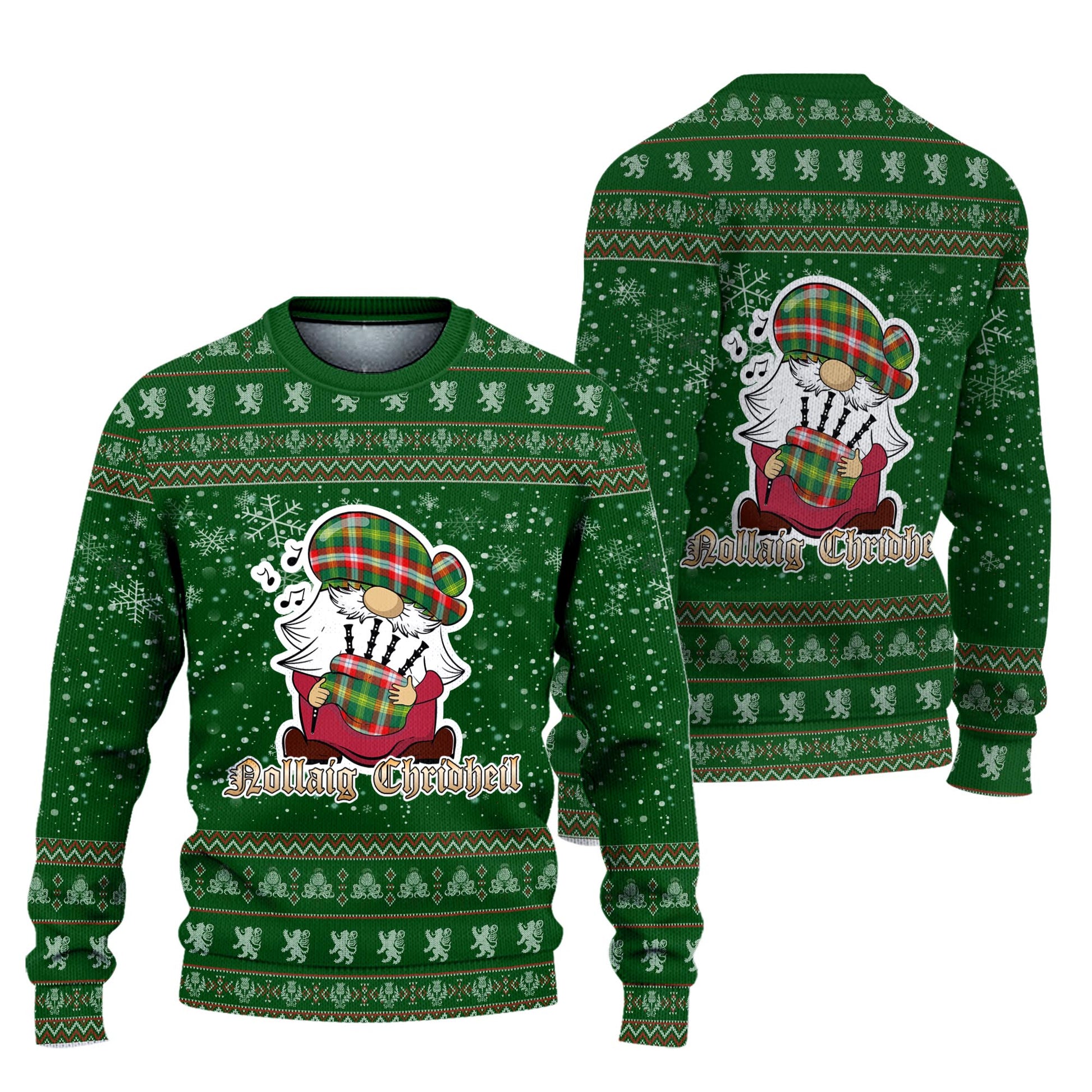 Northwest Territories Canada Clan Christmas Family Knitted Sweater with Funny Gnome Playing Bagpipes Unisex Green - Tartanvibesclothing