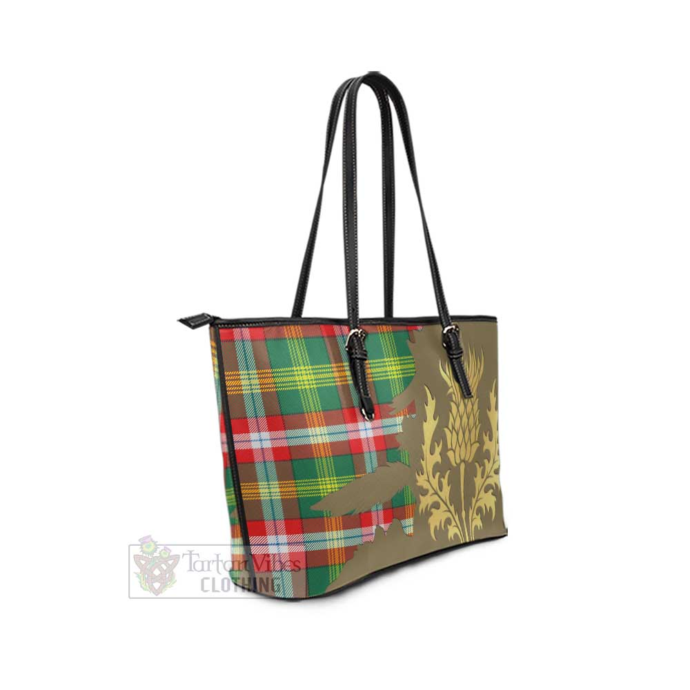Tartan Vibes Clothing Northwest Territories Canada Tartan Leather Tote Bag Gold Thistle Style