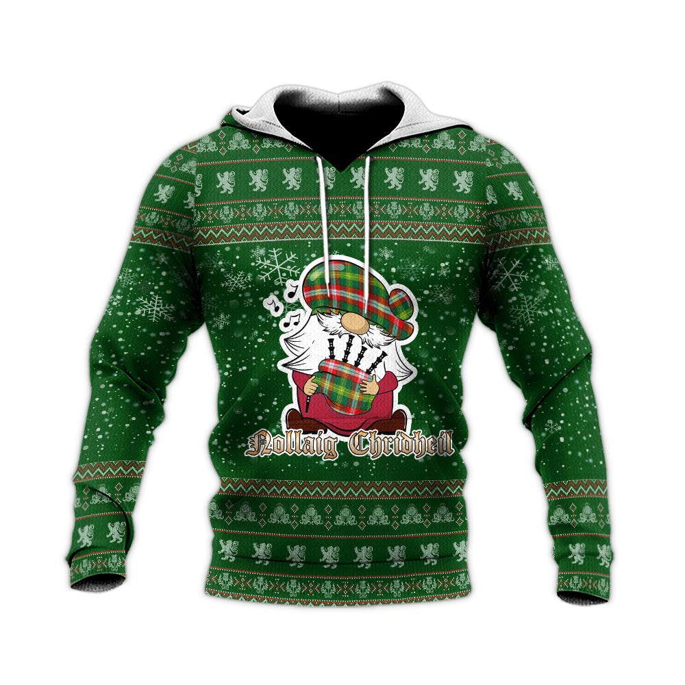 Northwest Territories Canada Clan Christmas Knitted Hoodie with Funny Gnome Playing Bagpipes - Tartanvibesclothing