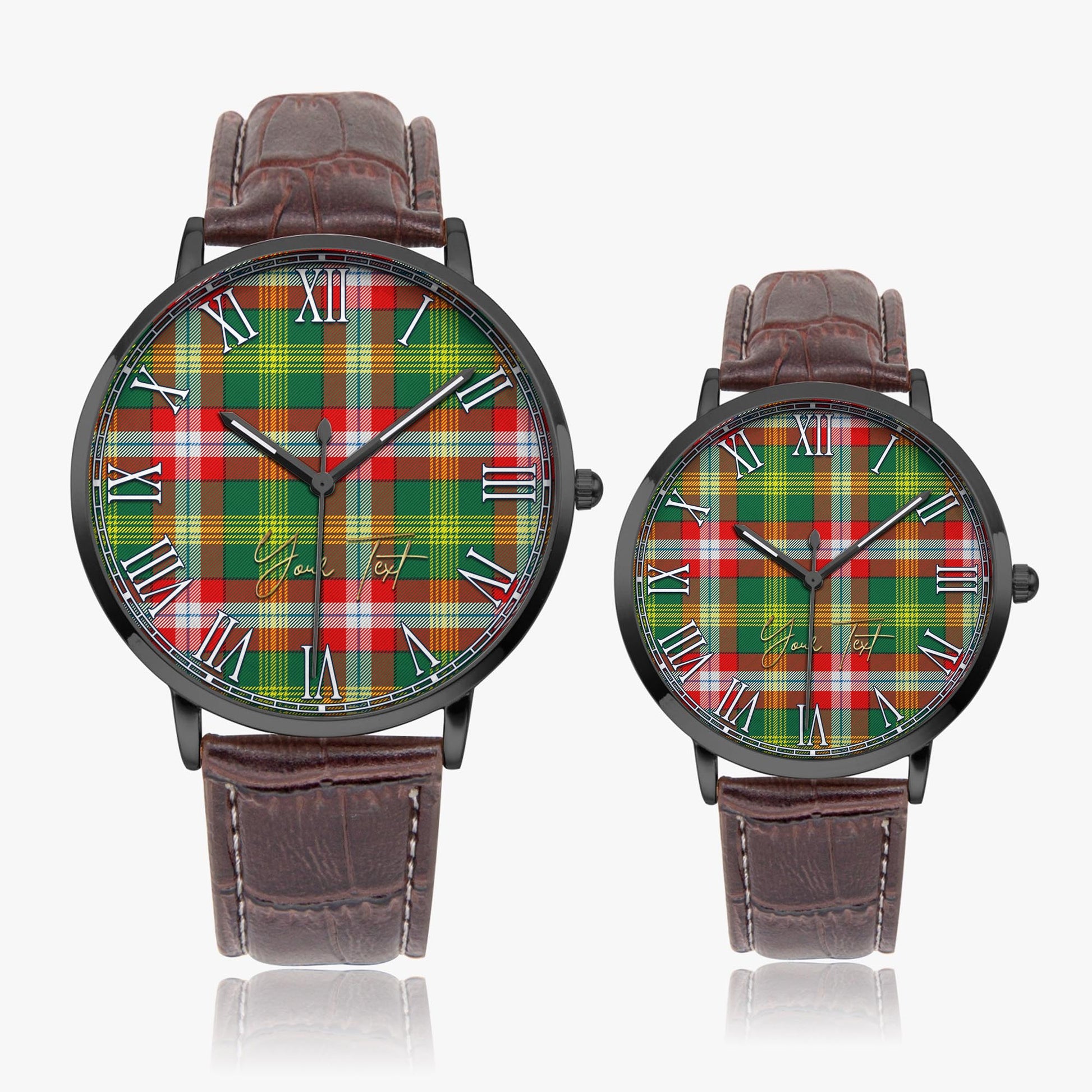 Northwest Territories Canada Tartan Personalized Your Text Leather Trap Quartz Watch Ultra Thin Black Case With Brown Leather Strap - Tartanvibesclothing