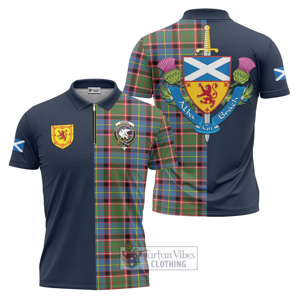Norvel Tartan Zipper Polo Shirt Alba with Scottish Lion Royal Arm Half Style Unisex - Tartan Vibes Clothing