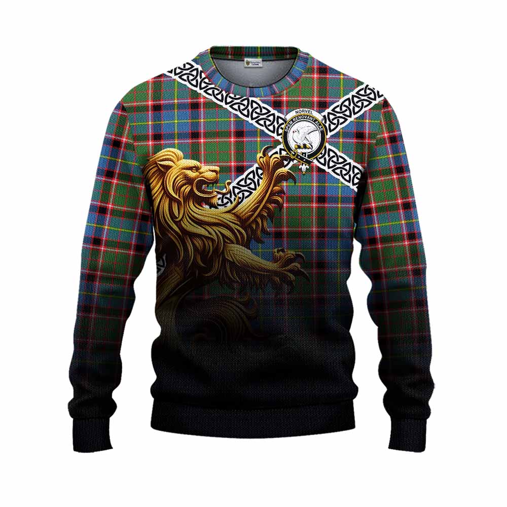 Norvel Crest Tartan Knitted Sweater with Golden Lion Emblem Celtic Style Unisex - Tartan Vibes Clothing