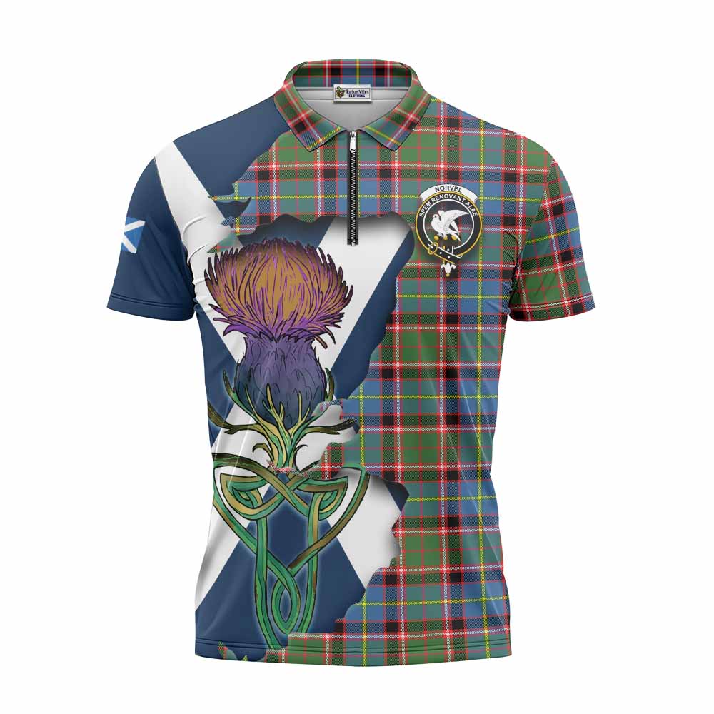 Norvel Tartan Family Crest Zipper Polo Shirt Scottish Thistle Celtic Inspired Unisex - Tartan Vibes Clothing