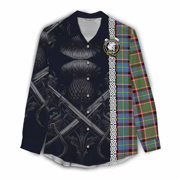 Norvel Tartan Women's Casual Shirt with Family Crest Cross Sword Thistle Celtic Vibes Female - Tartan Vibes Clothing