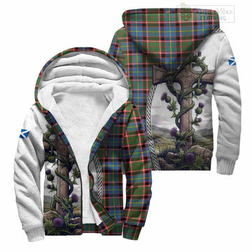 Norvel Tartan Sherpa Hoodie with Family Crest and St. Andrew's Cross Accented by Thistle Vines Unisex S - Tartan Vibes Clothing