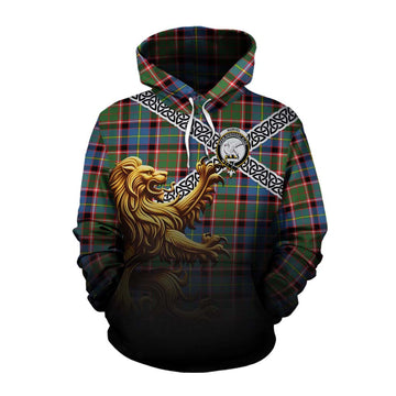 Tartan Vibes Clothing Norvel Crest Tartan Cotton Hoodie with Golden Lion Emblem Celtic Style