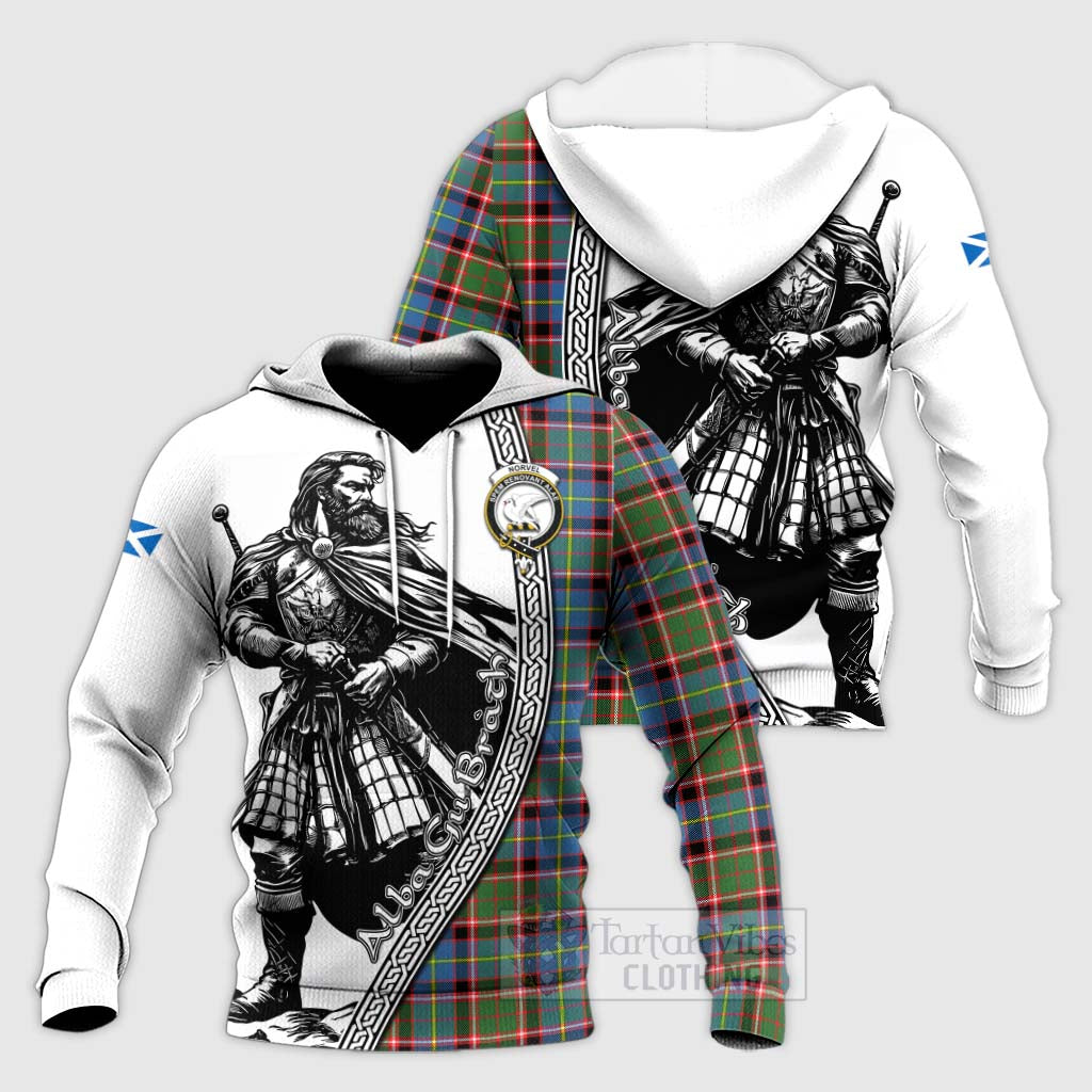 Norvel Tartan Clan Crest Knitted Hoodie with Highlander Warrior Celtic Style Unisex Knitted Pullover Hoodie - Tartan Vibes Clothing