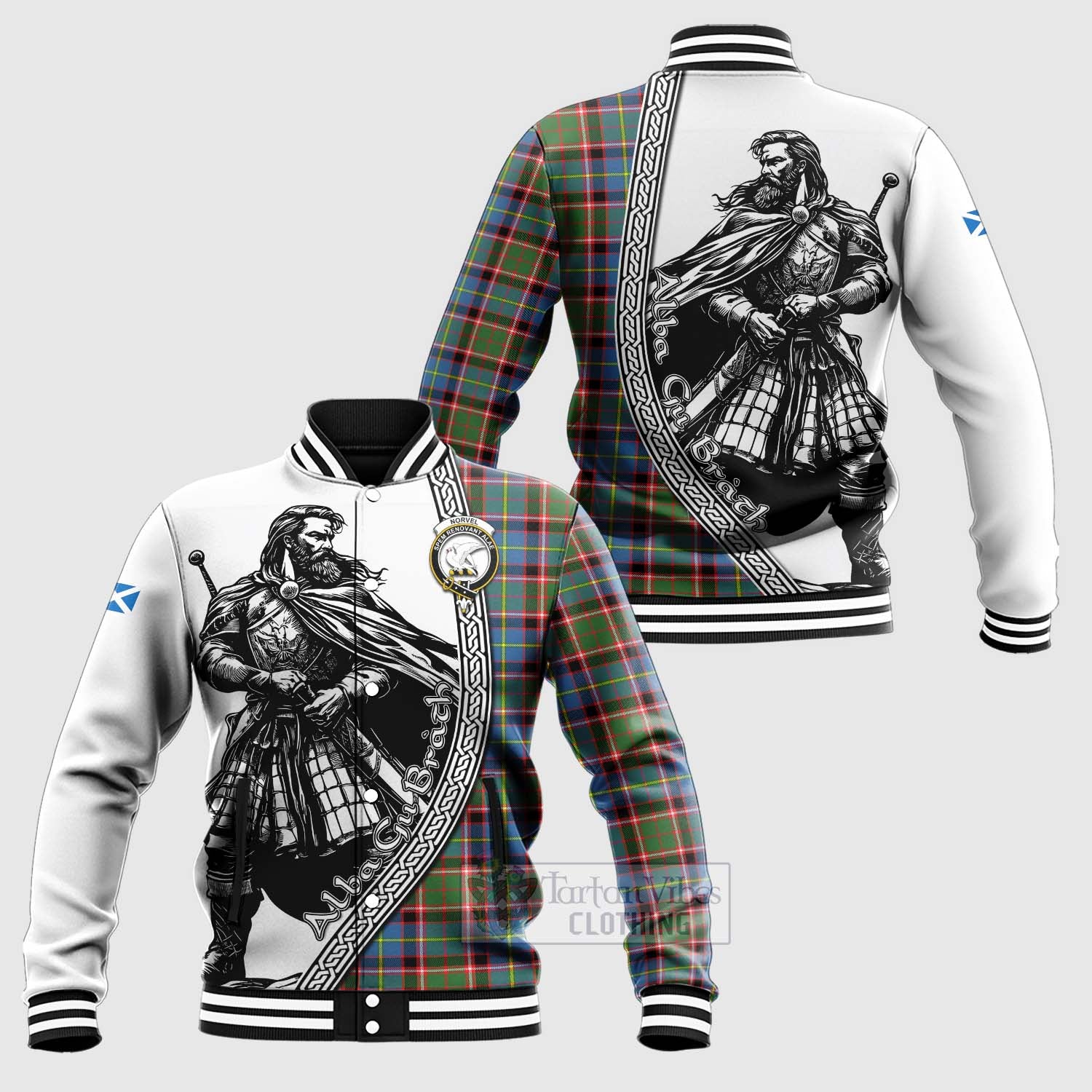 Norvel Tartan Clan Crest Baseball Jacket with Highlander Warrior Celtic Style Unisex - Tartan Vibes Clothing