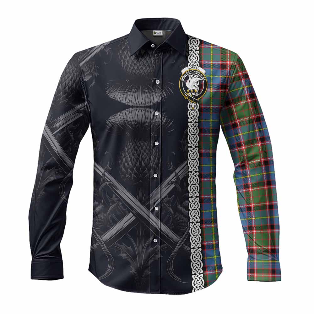 Tartan Vibes Clothing Norvel Tartan Long Sleeve Button Shirt with Family Crest Cross Sword Thistle Celtic Vibes