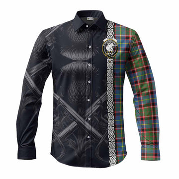 Tartan Vibes Clothing Norvel Tartan Long Sleeve Button Shirt with Family Crest Cross Sword Thistle Celtic Vibes