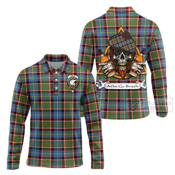 Norvel Tartan Long Sleeve Polo Shirt with Family Crest and Bearded Skull Holding Bottles of Whiskey Unisex - Tartan Vibes Clothing