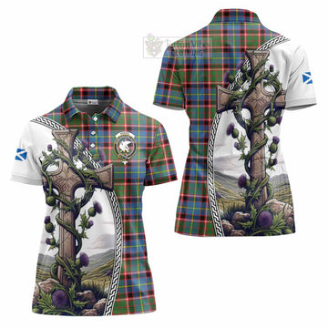 Norvel Tartan Women's Polo Shirt with Family Crest and St. Andrew's Cross Accented by Thistle Vines Women - Tartan Vibes Clothing
