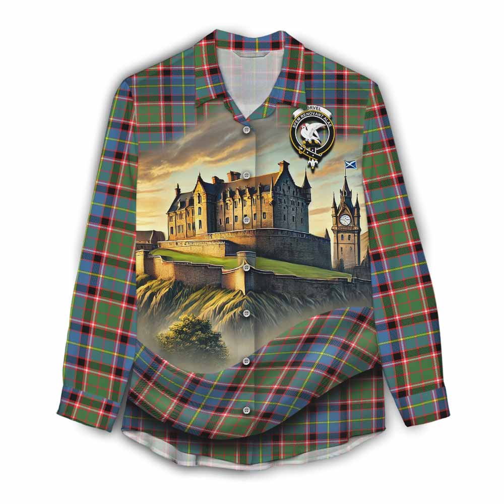 Norvel Tartan Family Crest Women's Casual Shirt with Scottish Ancient Castle Style Female - Tartan Vibes Clothing