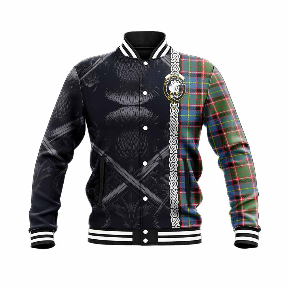 Norvel Tartan Baseball Jacket with Family Crest Cross Sword Thistle Celtic Vibes Unisex - Tartan Vibes Clothing