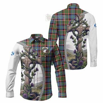 Norvel Tartan Long Sleeve Button Shirt with Family Crest and St. Andrew's Cross Accented by Thistle Vines Men's Shirt S - Tartan Vibes Clothing
