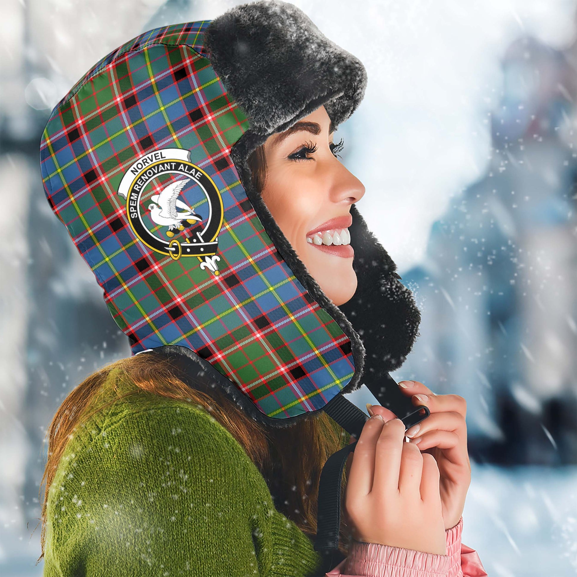 Norvel Tartan Winter Trapper Hat with Family Crest Winter Trapper Hat Universal Fit Circumference 22.8in (58cm) - Tartan Vibes Clothing