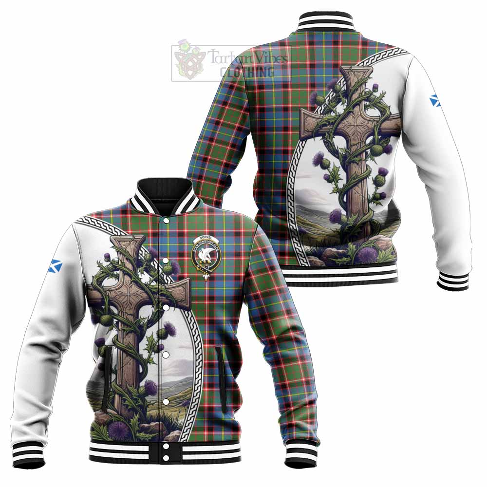 Norvel Tartan Baseball Jacket with Family Crest and St. Andrew's Cross Accented by Thistle Vines Unisex - Tartan Vibes Clothing