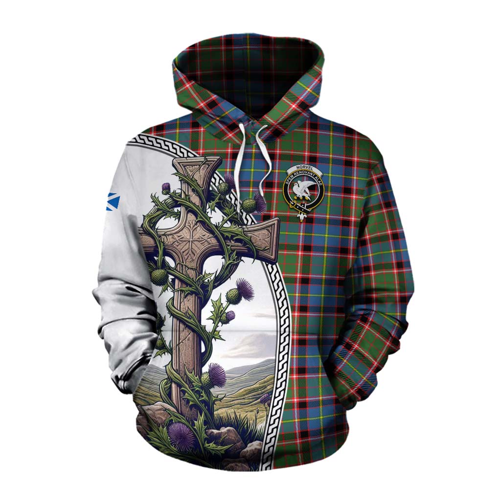 Tartan Vibes Clothing Norvel Tartan Cotton Hoodie with Family Crest and St. Andrew's Cross Accented by Thistle Vines