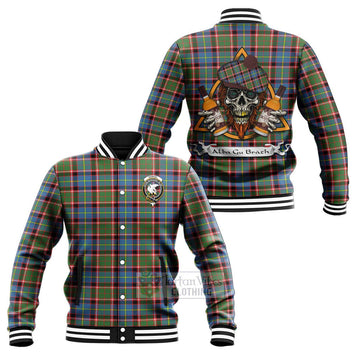 Norvel Tartan Baseball Jacket with Family Crest and Bearded Skull Holding Bottles of Whiskey Unisex - Tartan Vibes Clothing
