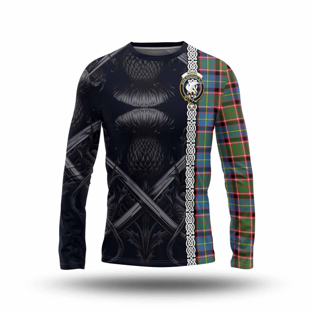 Norvel Tartan Long Sleeve T-Shirt with Family Crest Cross Sword Thistle Celtic Vibes Unisex - Tartan Vibes Clothing