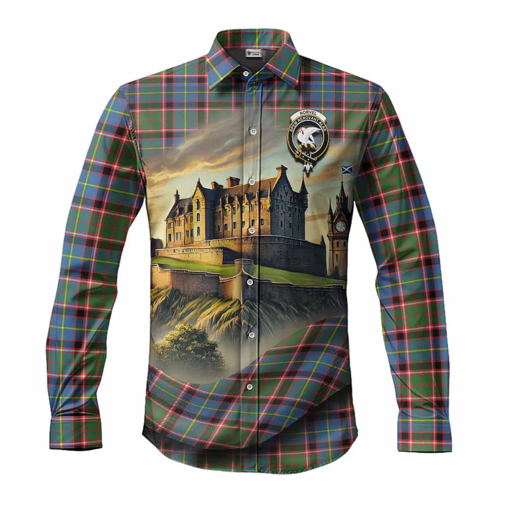 Tartan Vibes Clothing Norvel Tartan Family Crest Long Sleeve Button Shirt with Scottish Ancient Castle Style