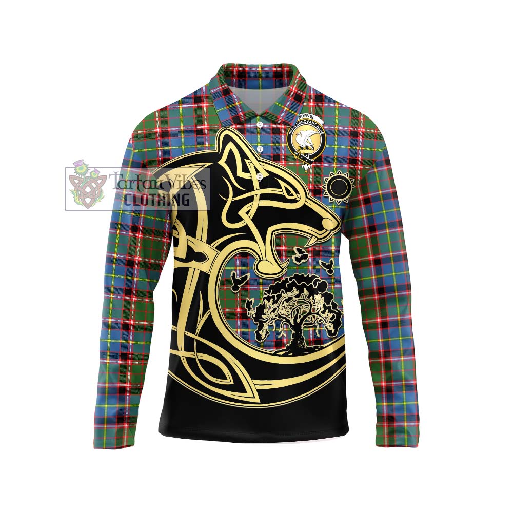 Norvel Tartan Long Sleeve Polo Shirt with Family Crest Celtic Wolf Style Unisex - Tartan Vibes Clothing