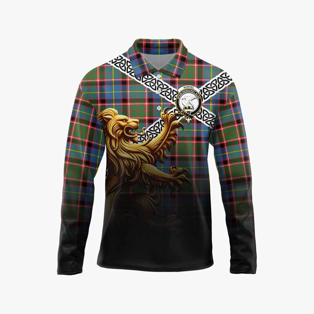 Norvel Crest Tartan Long Sleeve Polo Shirt with Golden Lion Emblem Celtic Style Unisex - Tartan Vibes Clothing