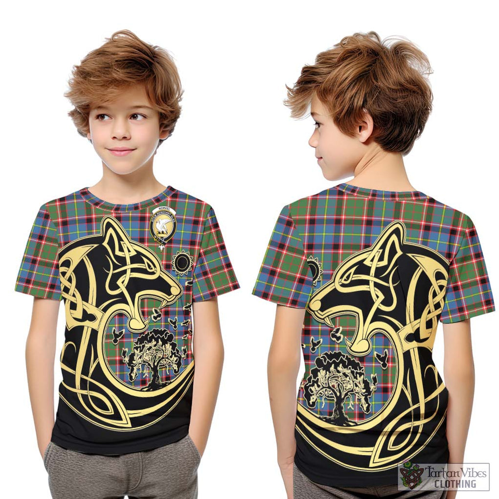 Norvel Tartan Kid T-Shirt with Family Crest Celtic Wolf Style Youth XL Size14 - Tartan Vibes Clothing