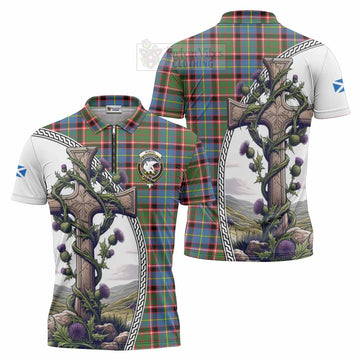 Norvel Tartan Zipper Polo Shirt with Family Crest and St. Andrew's Cross Accented by Thistle Vines Unisex - Tartan Vibes Clothing