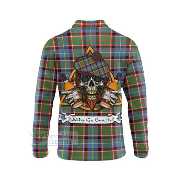 Norvel Tartan Long Sleeve Polo Shirt with Family Crest and Bearded Skull Holding Bottles of Whiskey - Tartan Vibes Clothing