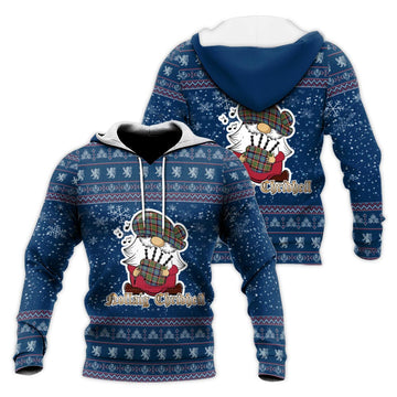 Norvel Clan Christmas Knitted Hoodie with Funny Gnome Playing Bagpipes