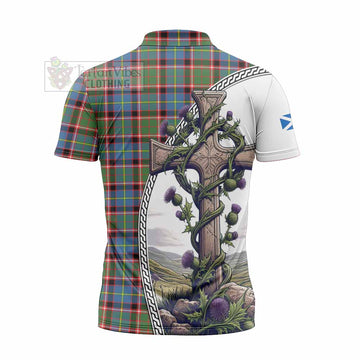 Norvel Tartan Zipper Polo Shirt with Family Crest and St. Andrew's Cross Accented by Thistle Vines - Tartan Vibes Clothing