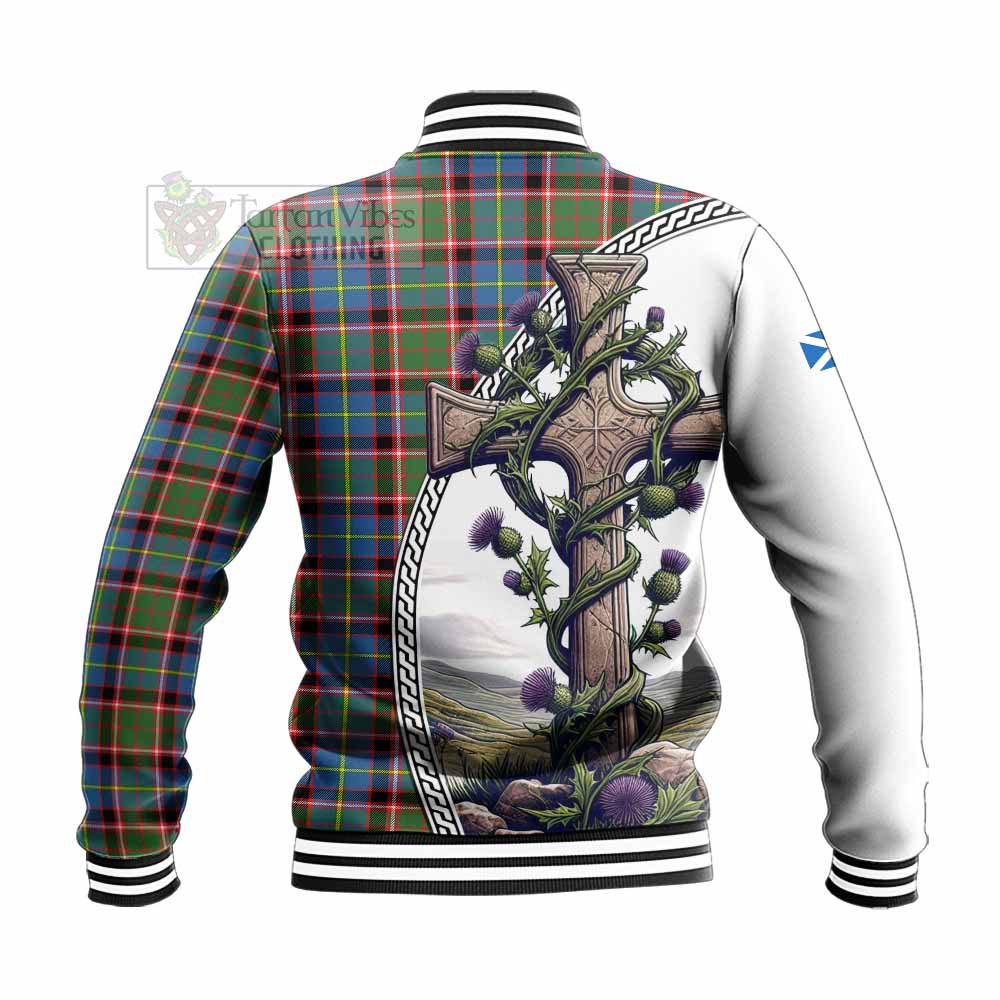 Norvel Tartan Baseball Jacket with Family Crest and St. Andrew's Cross Accented by Thistle Vines - Tartan Vibes Clothing