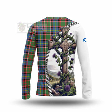 Tartan Vibes Clothing Norvel Tartan Long Sleeve T-Shirt with Family Crest and St. Andrew's Cross Accented by Thistle Vines