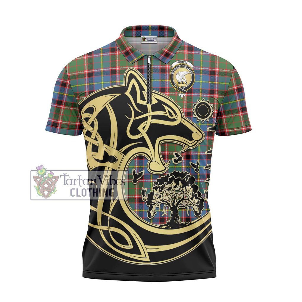 Norvel Tartan Zipper Polo Shirt with Family Crest Celtic Wolf Style - Tartan Vibes Clothing