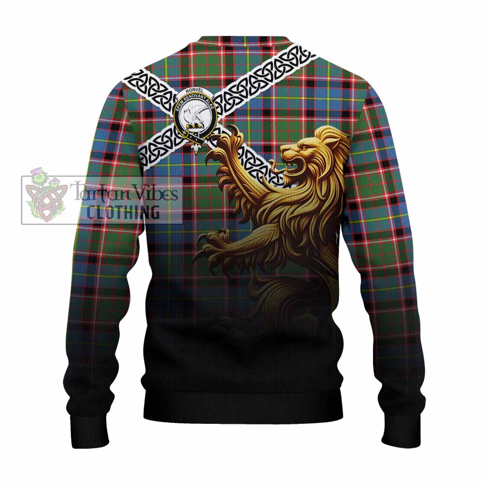 Norvel Crest Tartan Knitted Sweater with Golden Lion Emblem Celtic Style - Tartan Vibes Clothing