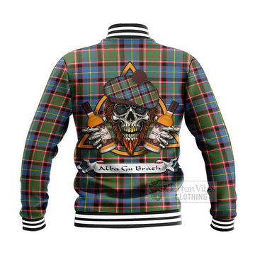 Norvel Tartan Baseball Jacket with Family Crest and Bearded Skull Holding Bottles of Whiskey - Tartan Vibes Clothing