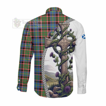 Norvel Tartan Long Sleeve Button Shirt with Family Crest and St. Andrew's Cross Accented by Thistle Vines Men's Shirt - Tartan Vibes Clothing