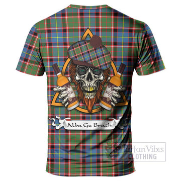 Norvel Tartan T-Shirt with Family Crest and Bearded Skull Holding Bottles of Whiskey - Tartan Vibes Clothing