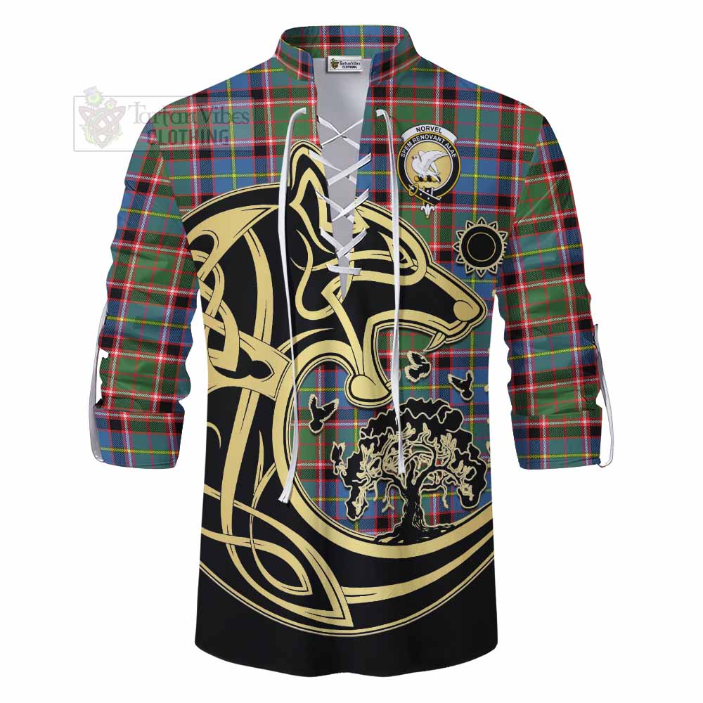 Norvel Tartan Ghillie Kilt Shirt with Family Crest Celtic Wolf Style - Tartan Vibes Clothing