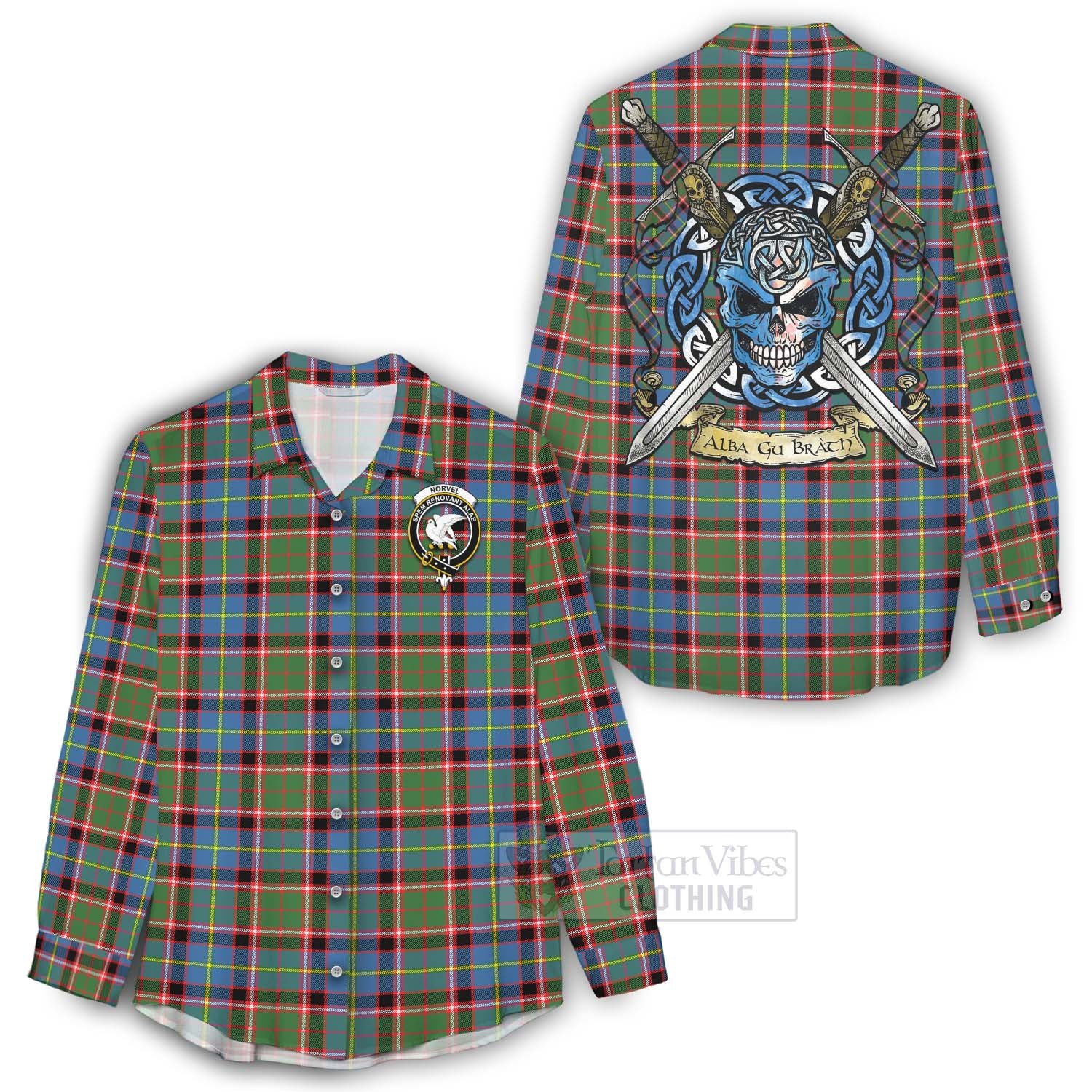 Norvel Tartan Women's Casual Shirt with Family Crest Celtic Skull Style - Tartan Vibes Clothing