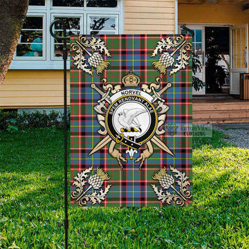 Tartan Vibes Clothing Norvel Tartan Flag with Family Crest and Golden Thistle Crossed Sword Design